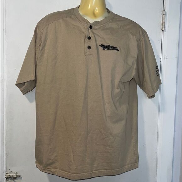 HARLEY-DAVIDSON Arkport, NY Khaki Cotton Henley T Shirt-XL - Picture 1 of 9